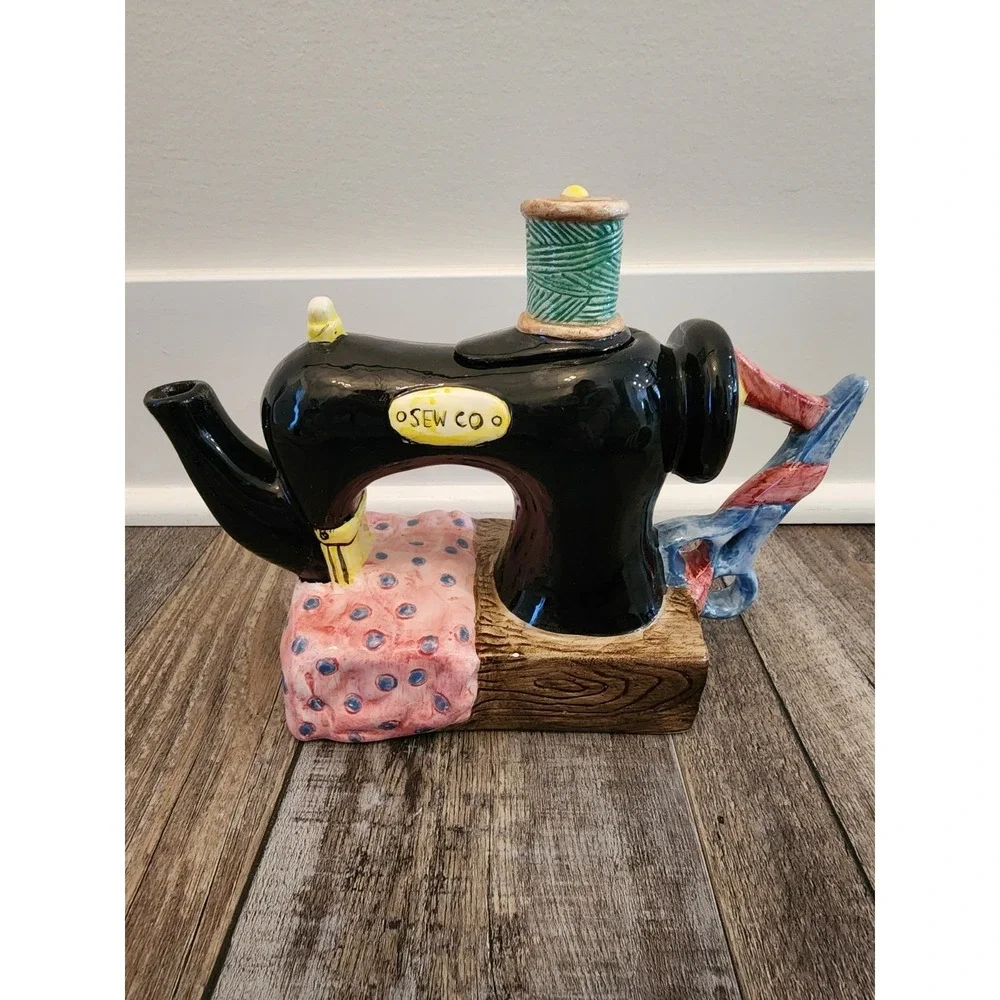 3 Vintage Ceramic Teapots, Two Sewing Machine And One Table, Cardinal Inc @ 1995